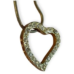 BMNY Gold Tone Swarovski Open Heart Pendant Necklace 19" Signed Crystal Modern